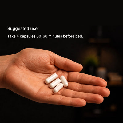 How to take Mag² + Boron — 4 capsules 30–60 minutes before bed, capsules shown in hand