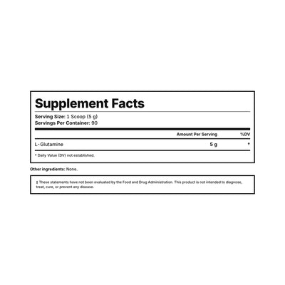 L-Glutamine Powder Supplement Facts — 5 g L-glutamine per scoop, 90 servings, third-party tested