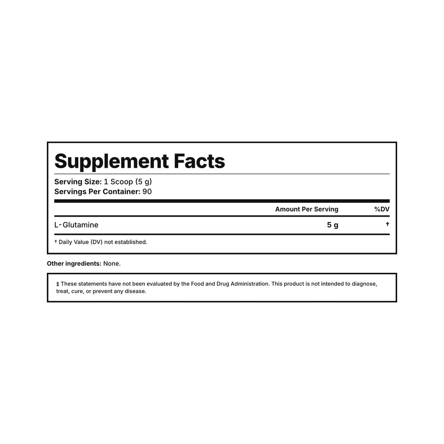 L-Glutamine Powder Supplement Facts — 5 g L-glutamine per scoop, 90 servings, third-party tested