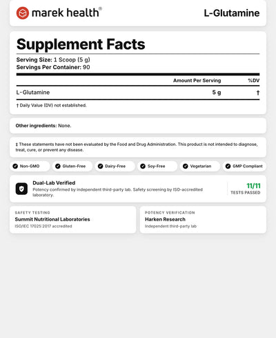 L-Glutamine Supplement Facts panel: 5 g L-glutamine per 1-scoop serving, 90 servings, third-party tested