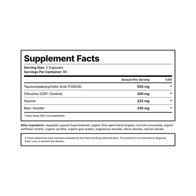 Liver Support Supplement Facts — 500 mg TUDCA, CDP-choline, glycine, and myo-inositol per serving, third-party tested