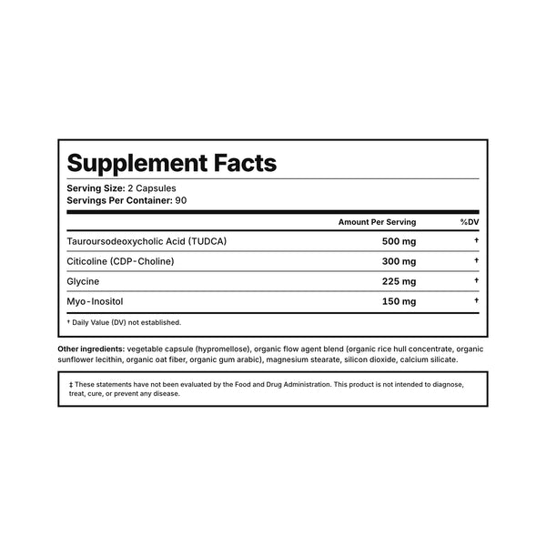 Liver Support Supplement Facts — 500 mg TUDCA, CDP-choline, glycine, and myo-inositol per serving, third-party tested