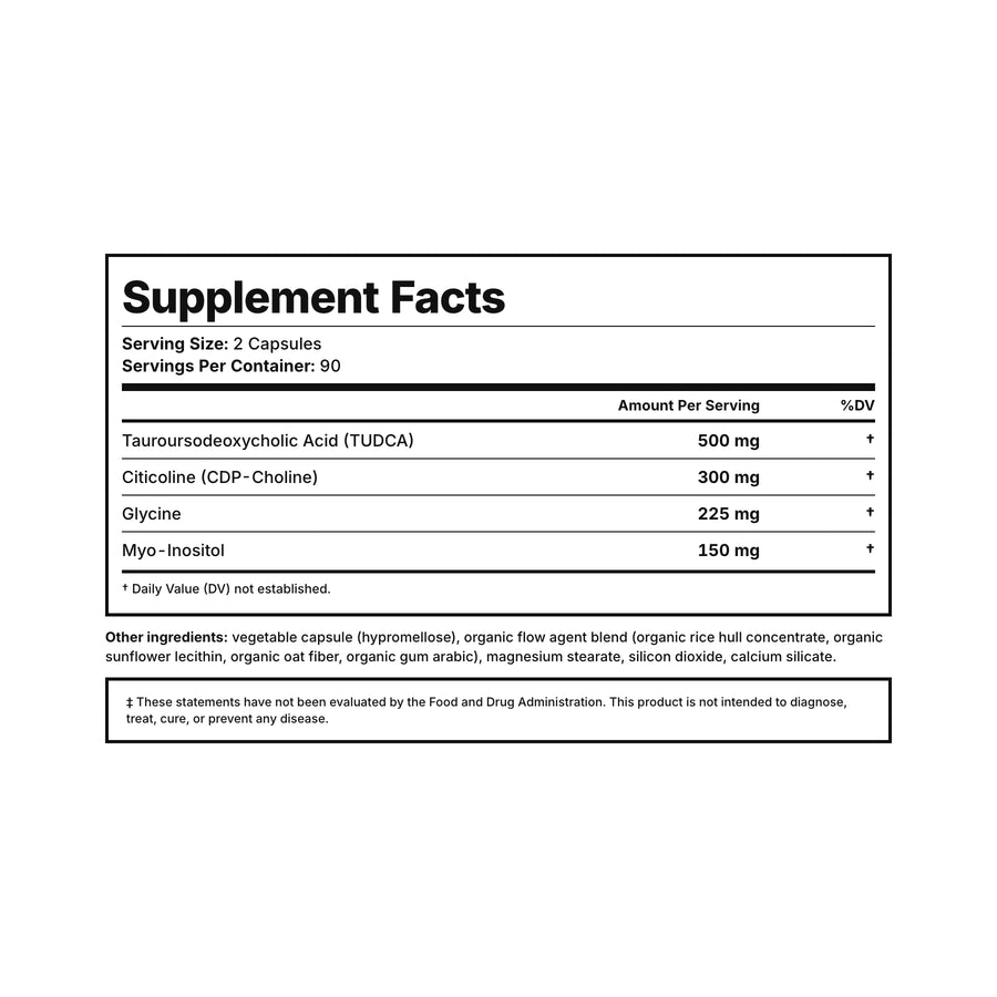Liver Support Supplement Facts — 500 mg TUDCA, CDP-choline, glycine, and myo-inositol per serving, third-party tested