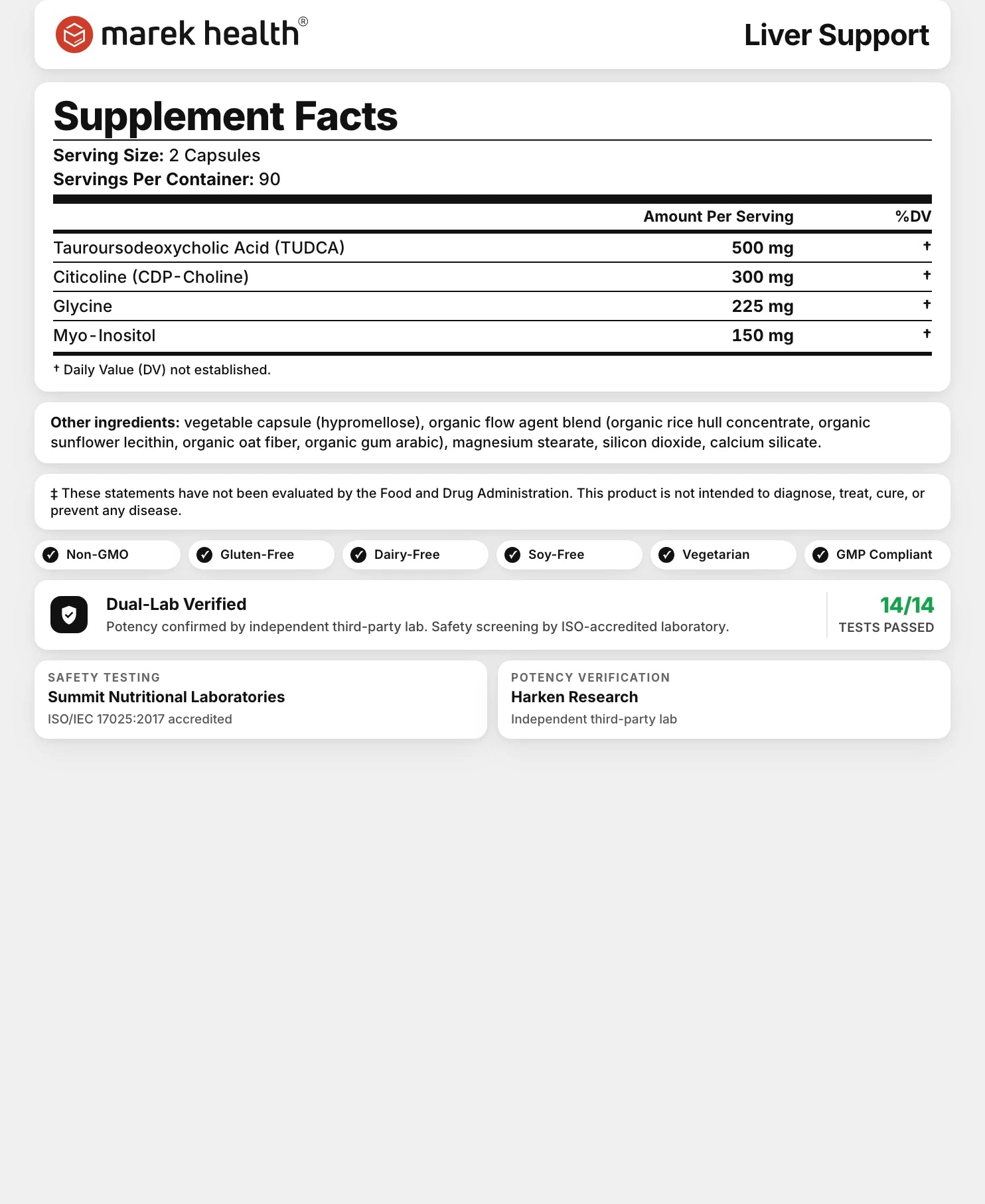 Liver Support Supplement Facts panel: 500 mg TUDCA, glycine, myo-inositol, and citicoline doses, third-party verified