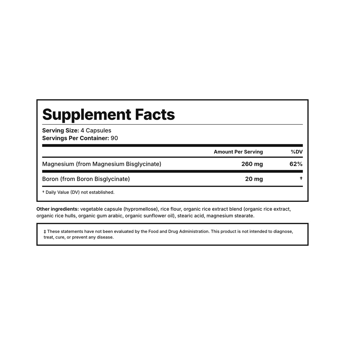 Mag² + Boron Supplement Facts — 260 mg magnesium bisglycinate and 20 mg boron per serving, third-party tested