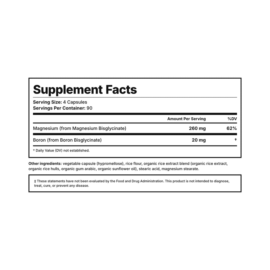 Mag² + Boron Supplement Facts — 260 mg magnesium bisglycinate and 20 mg boron per serving, third-party tested
