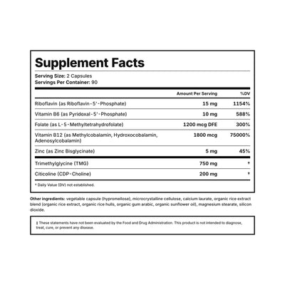 Methylate Supplement Facts — methylfolate (5-MTHF), TMG, triple-form B12, B6, riboflavin, and zinc, third-party tested