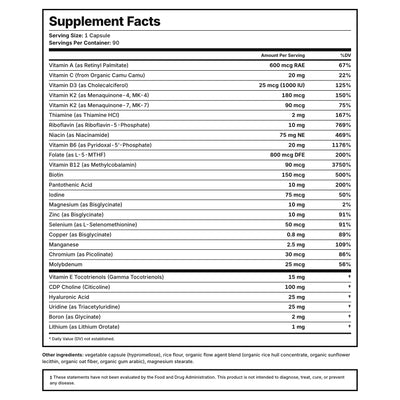 Multivitamin Supplement Facts — 25+ active vitamins and chelated minerals, vitamin K2, and CDP-choline per capsule, third-party tested