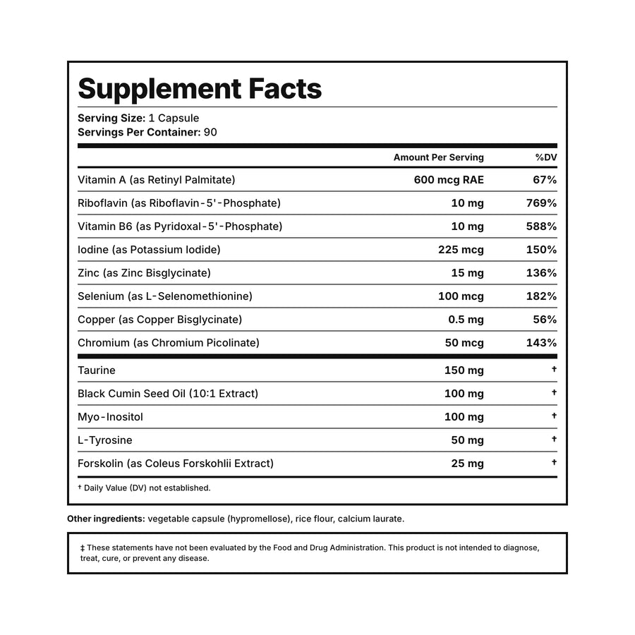 Thyroid Support Supplement Facts — iodine, selenium, zinc, vitamin A, active B vitamins, and L-tyrosine, third-party tested